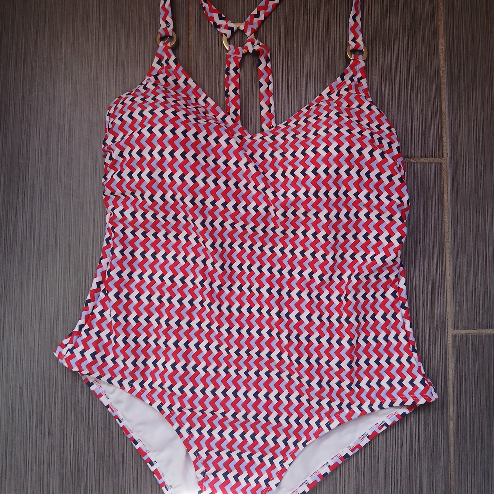 Kona Sol Red and White Chevron Swimsuit